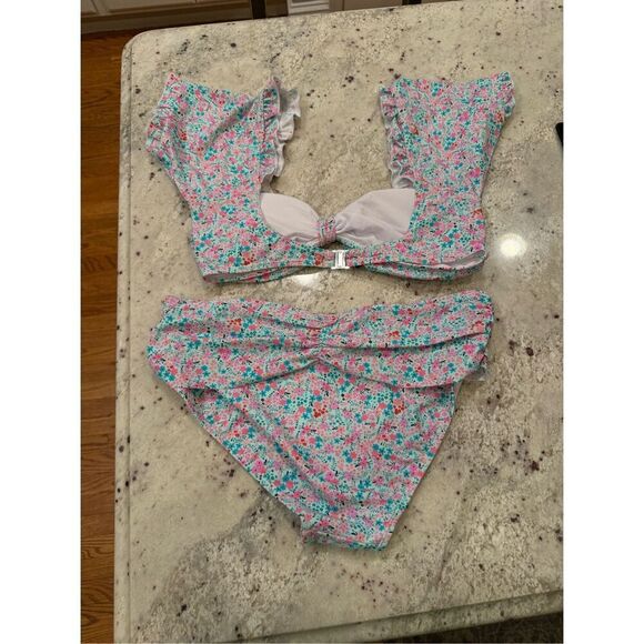 Pink Lily Light Blue Ditsy Floral Print Flutter Sleeve Bikini sz XL NWOT - Picture 6 of 10